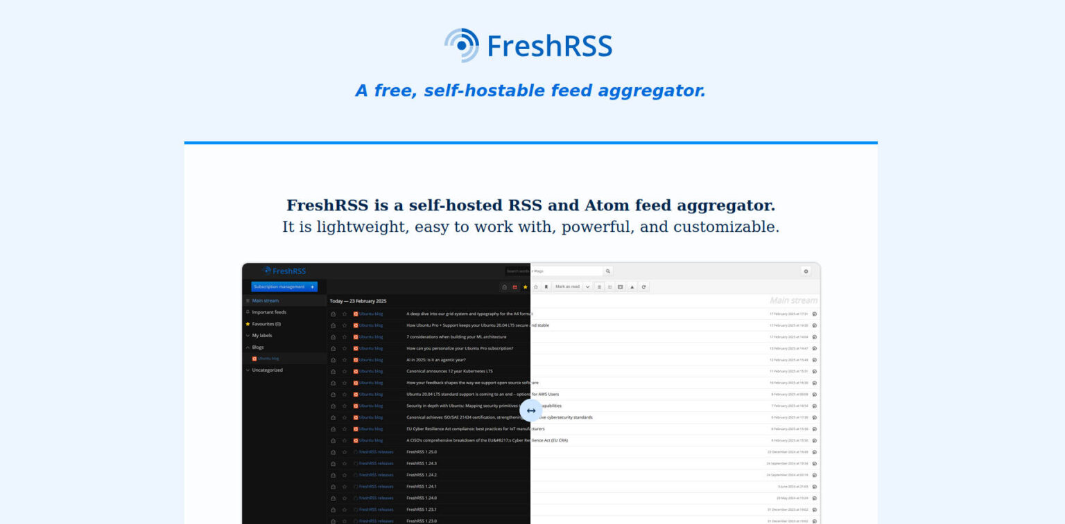 image depicting the freshrss website including some default rss feeds
