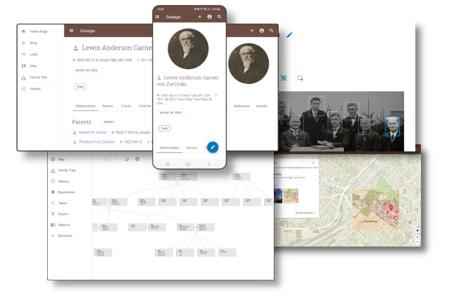 image of the gramps web service rendered on different devices and aspect ratios. displays the relationship tree, map, facial recognition, and person pages