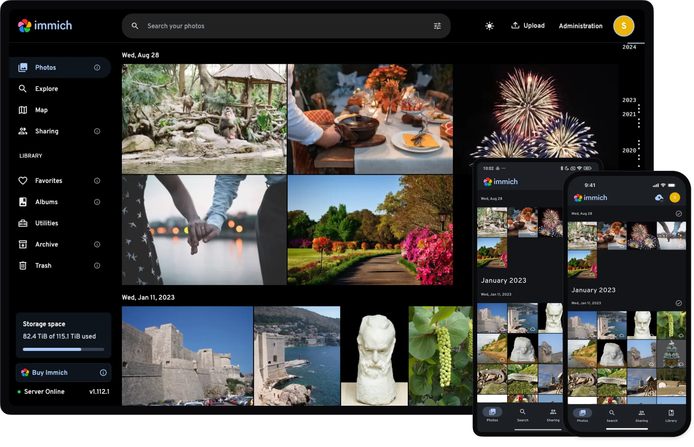 image depicting the immich website rendered on a laptop, an Android phone, and an iPhone.