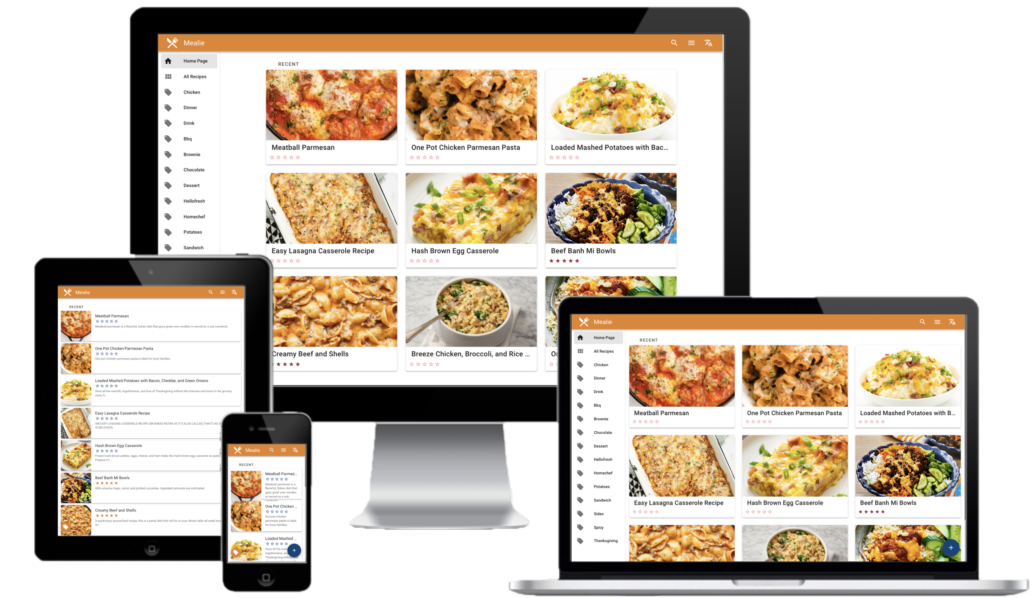 image depicts the mealie website open on a variety of devices, including a mac display, a macbook, an iPad and an iPhone