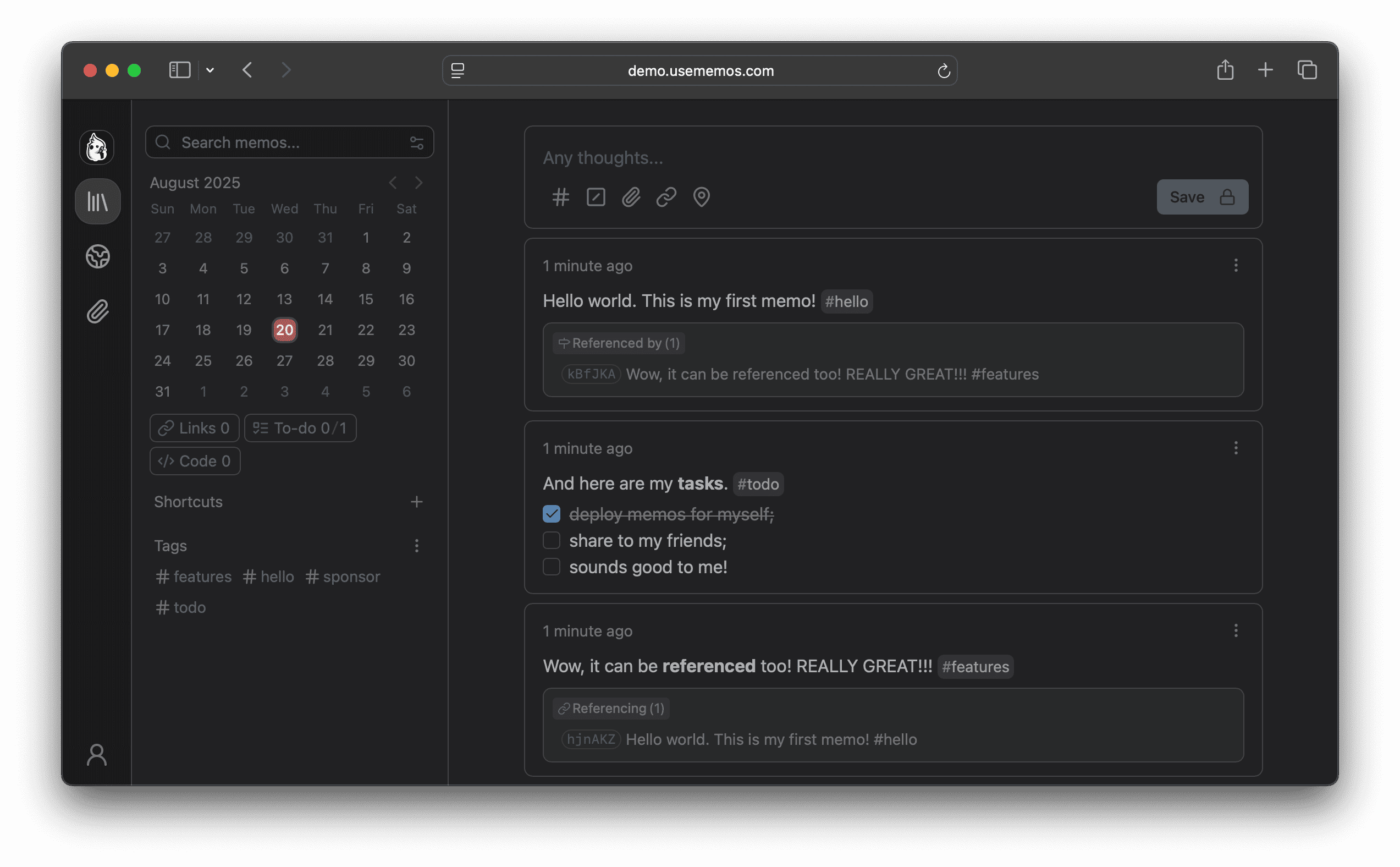 image depicting the memos journal page with a hello world note that references a reference note, a task list note, and a reference note.