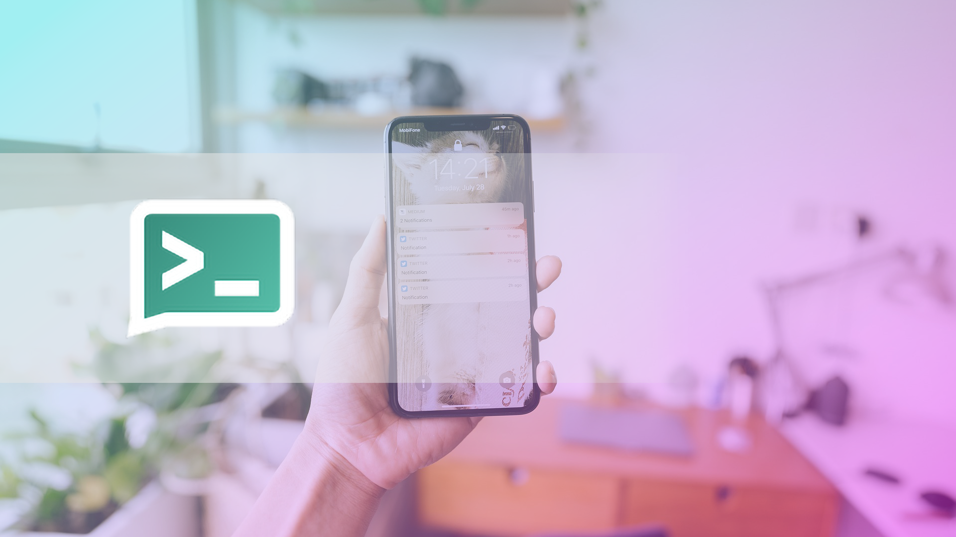 image depicts the ntfy.sh logo and an iPhone with notifications from the ntfy.sh app