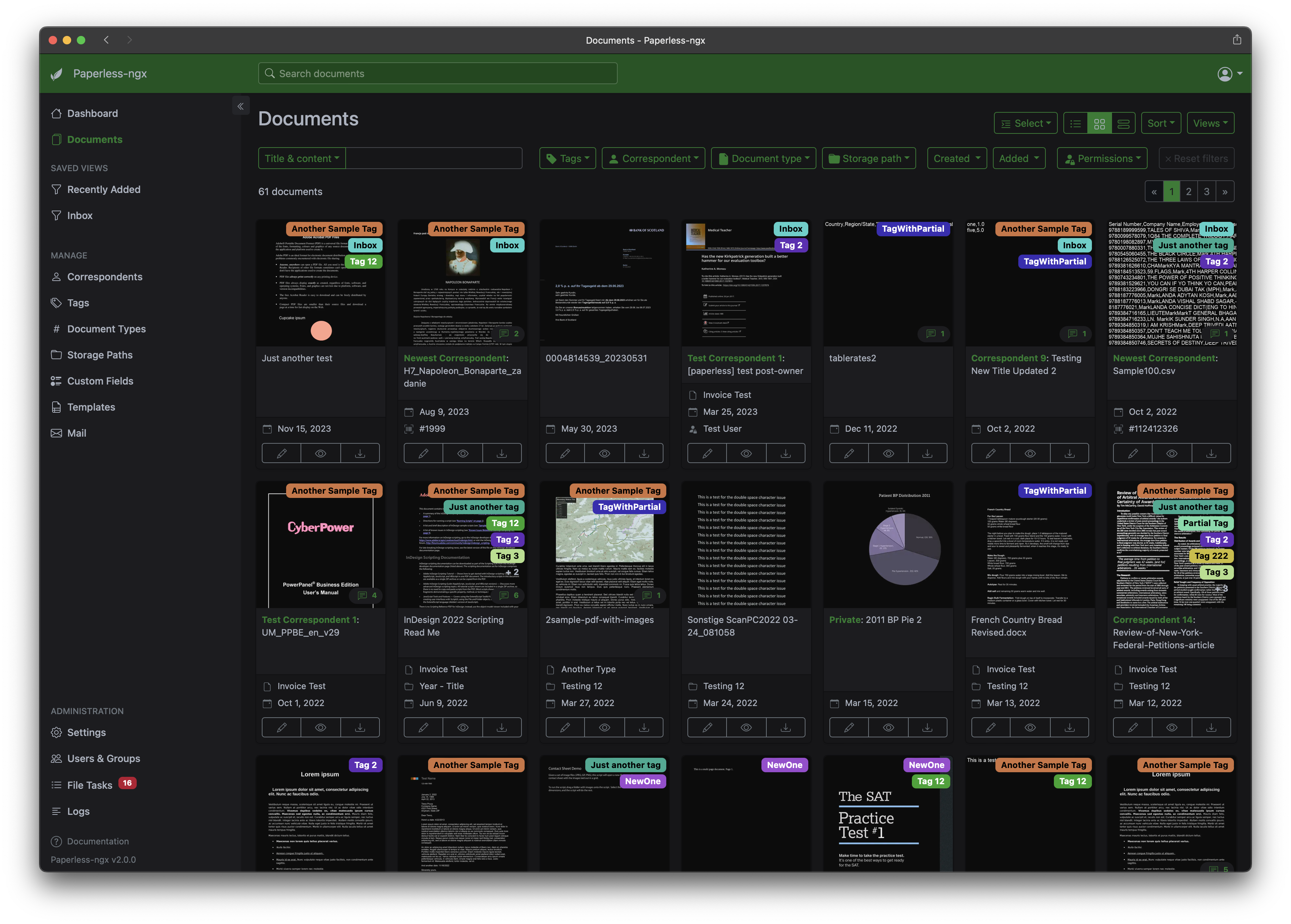 image depicts the paperless-ngx landing page with a bunch of documents